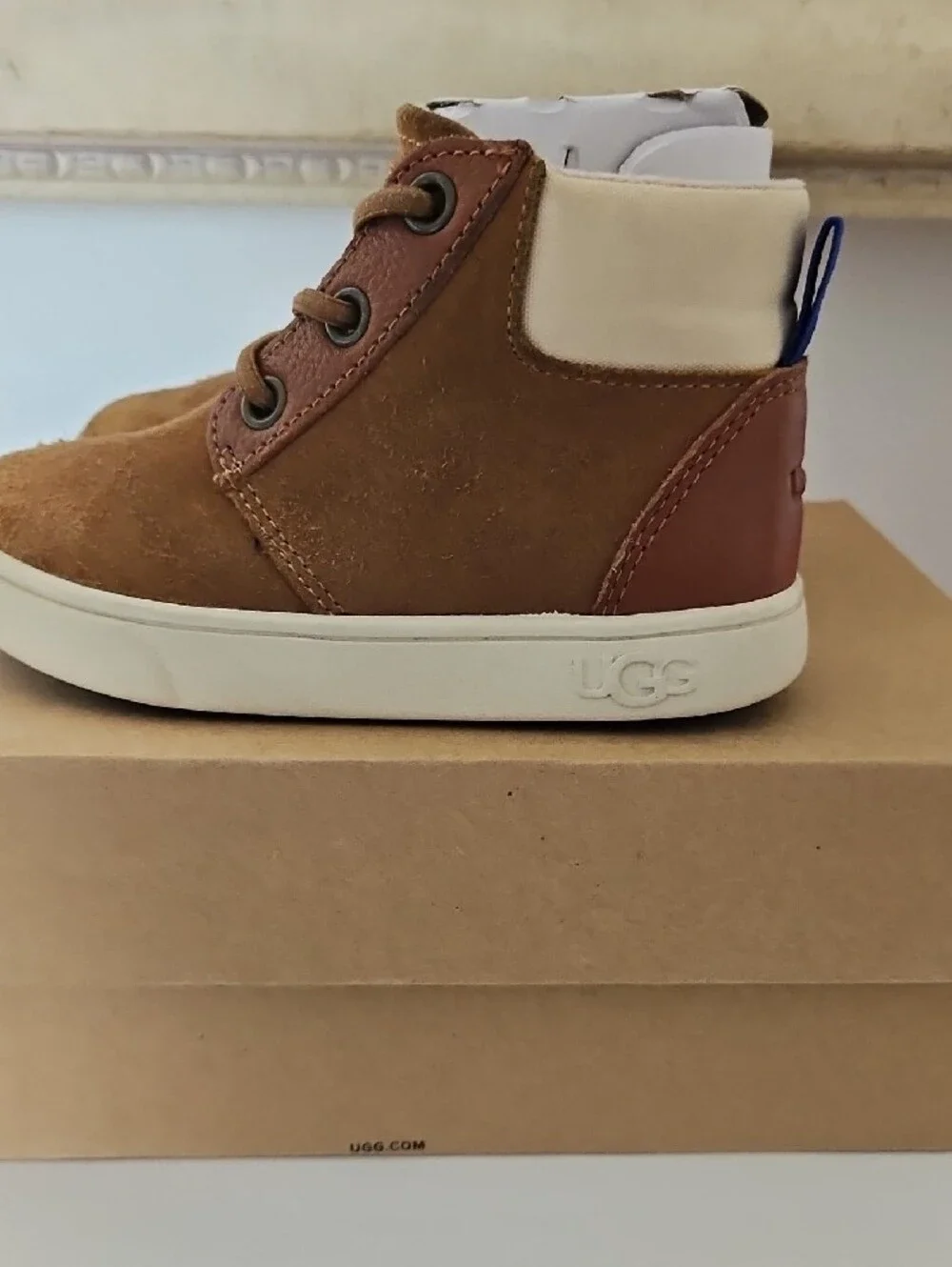 UGG Toddler Jayes Sneaker Brown Suede High-Top Boots with Cream Soles